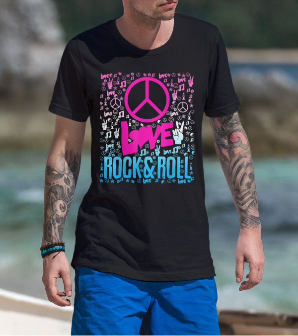 Peace Love Rock And Roll Music Icons And Hippie Symbols T-Shirt