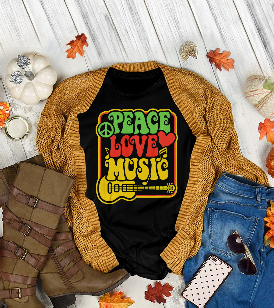 PEACE LOVE MUSIC Rock and Roll Reggae Guitar T-Shirt