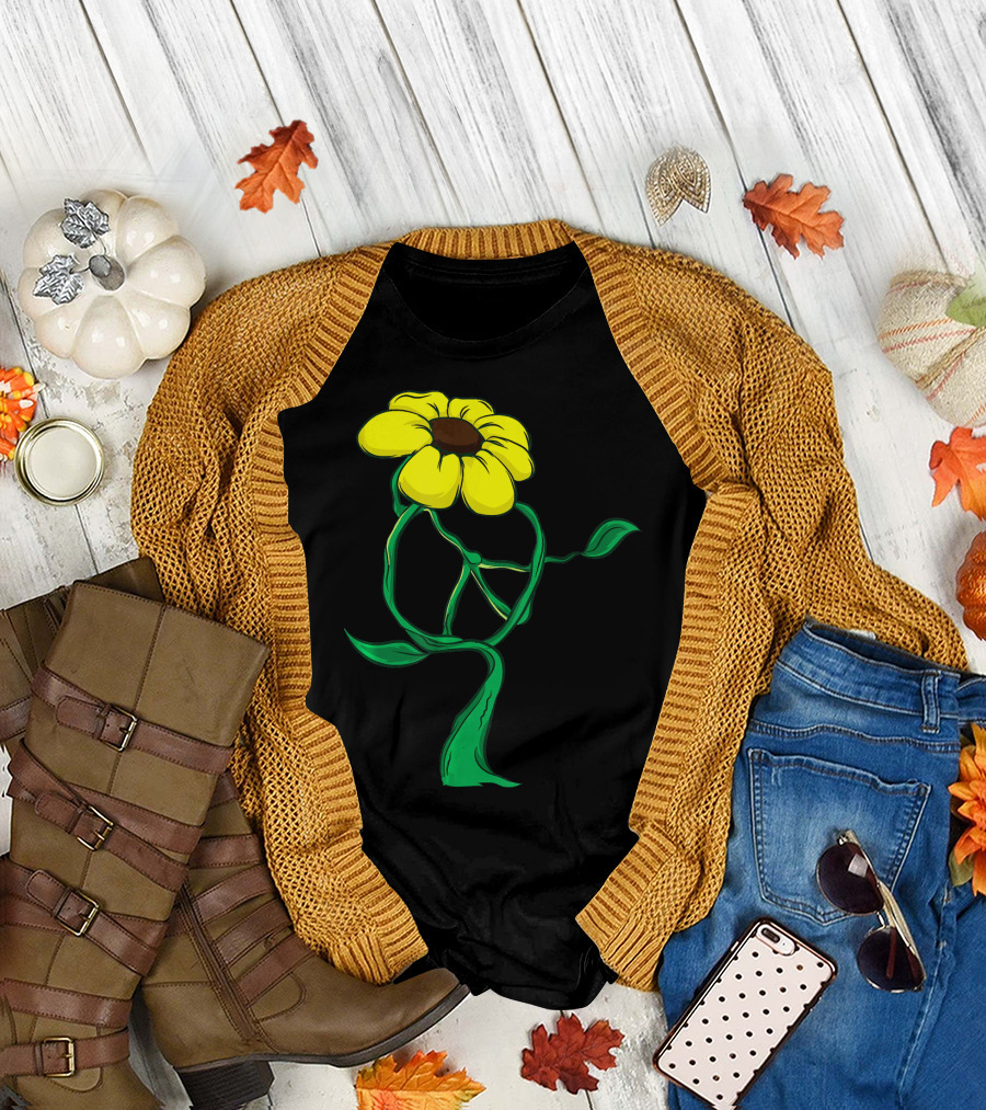 Hippie Yellow Flower Peace Sign Stem Green Leaves T-Shirt