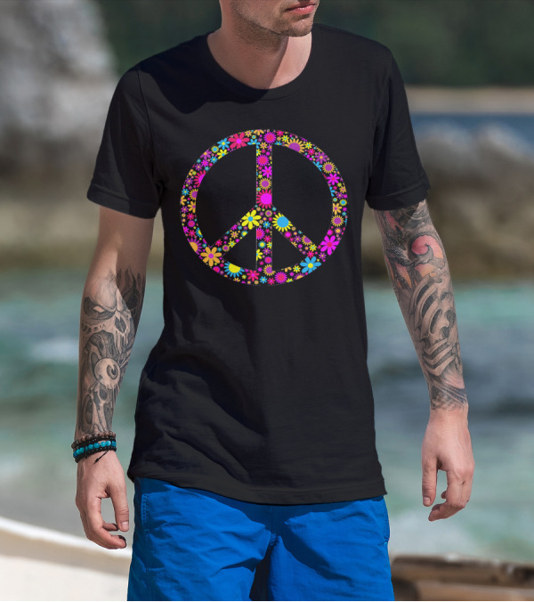 Vintage Floral Peace Sign Colorful Hippie Flowers T-Shirt