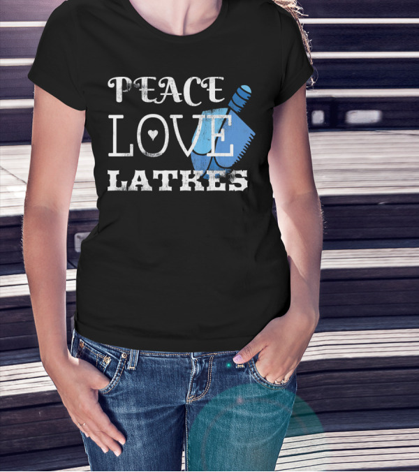 Peace Love Latkes Blue Dreidel T-Shirt