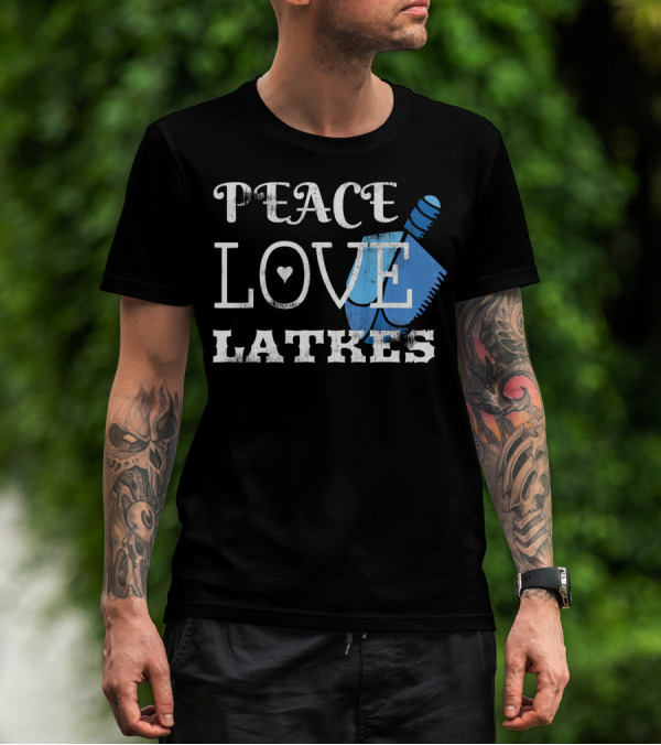 Peace Love Latkes Blue Dreidel T-Shirt