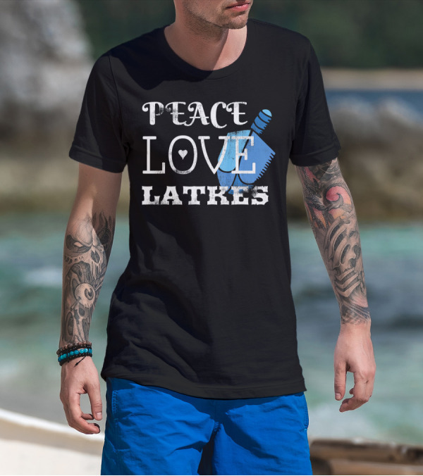 Peace Love Latkes Blue Dreidel T-Shirt
