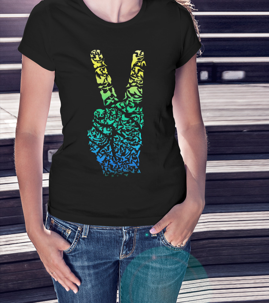 Colorful Birds Peace Hand Sign ASL Finger La T-Shirt