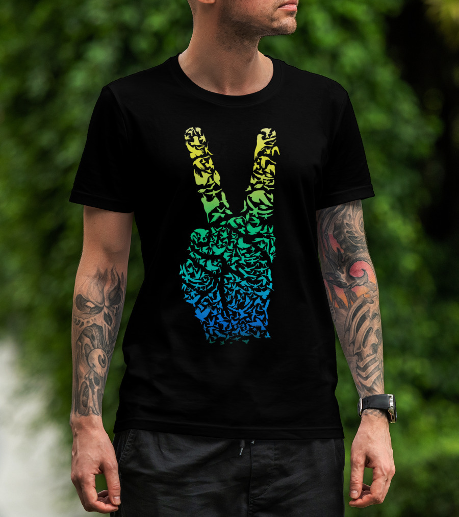 Colorful Birds Peace Hand Sign ASL Finger La T-Shirt