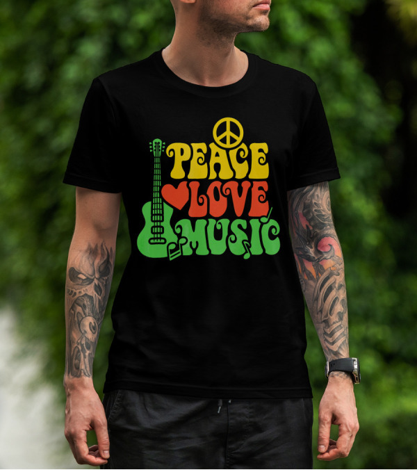 PEACE LOVE MUSIC Reggae Guitar Peace Symbol Heart Notes T-Shirt