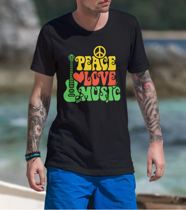 PEACE LOVE MUSIC Reggae Guitar Peace Symbol Heart Notes T-Shirt