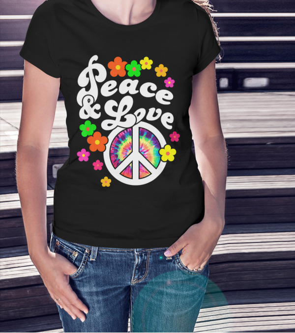 Peace And Love Hippie Sign With Colorful Flower T-Shirt