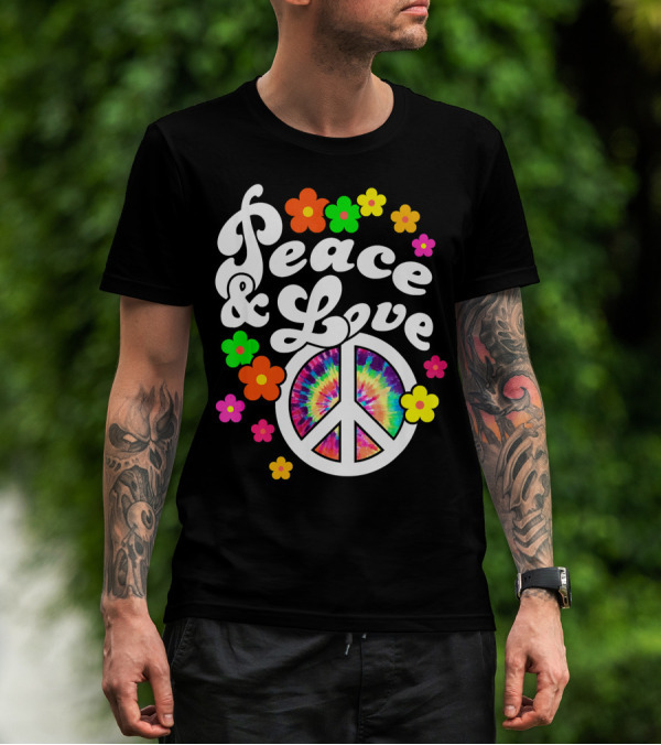 Peace And Love Hippie Sign With Colorful Flower T-Shirt