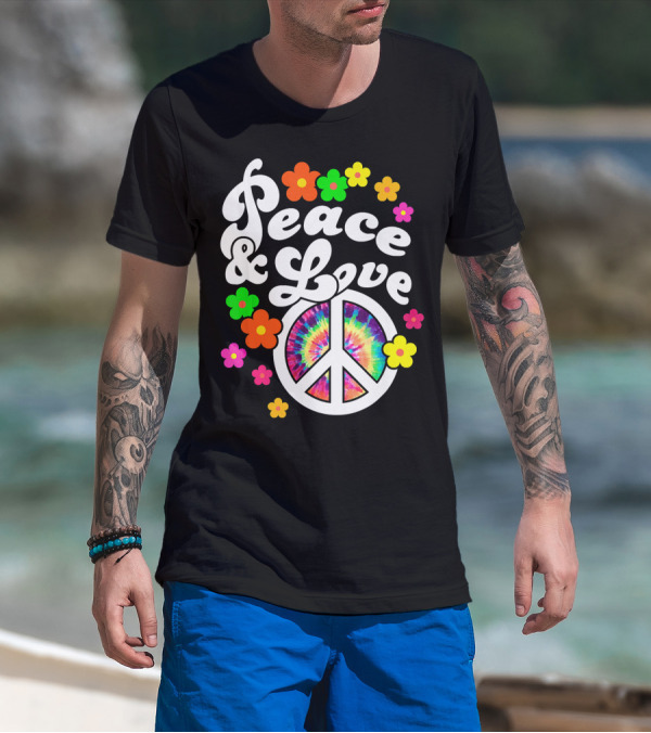Peace And Love Hippie Sign With Colorful Flower T-Shirt