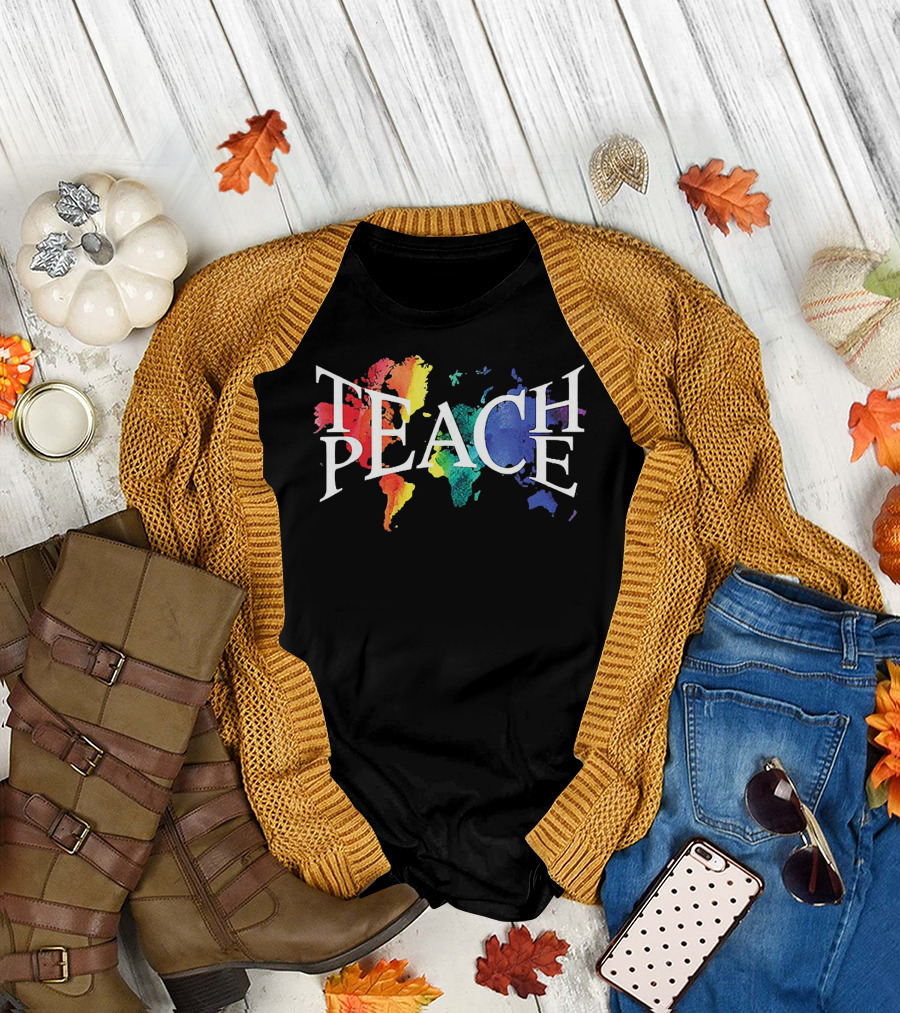 Teach Peace World Map Rainbow Colors T-Shirt