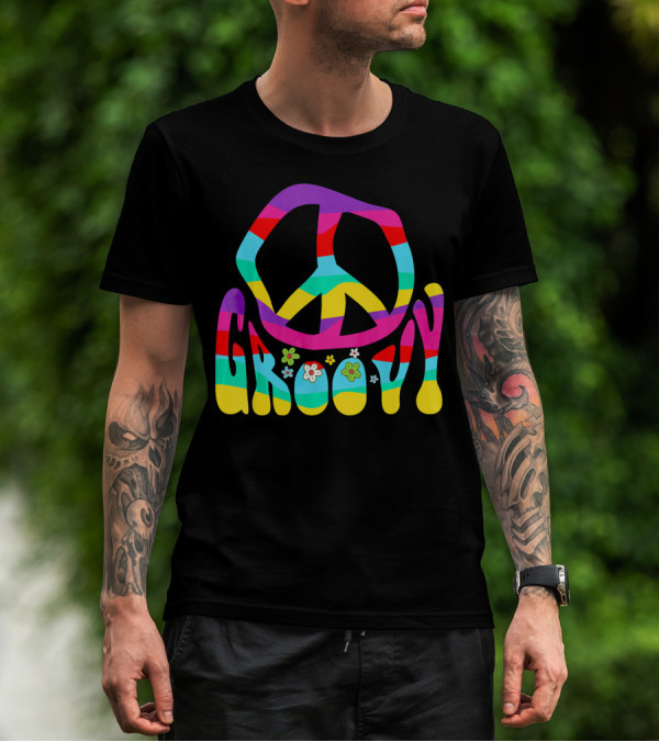 Groovy Rainbow Colorful Peace Sign Symbol With Flowers 60s 70s T-Shirt