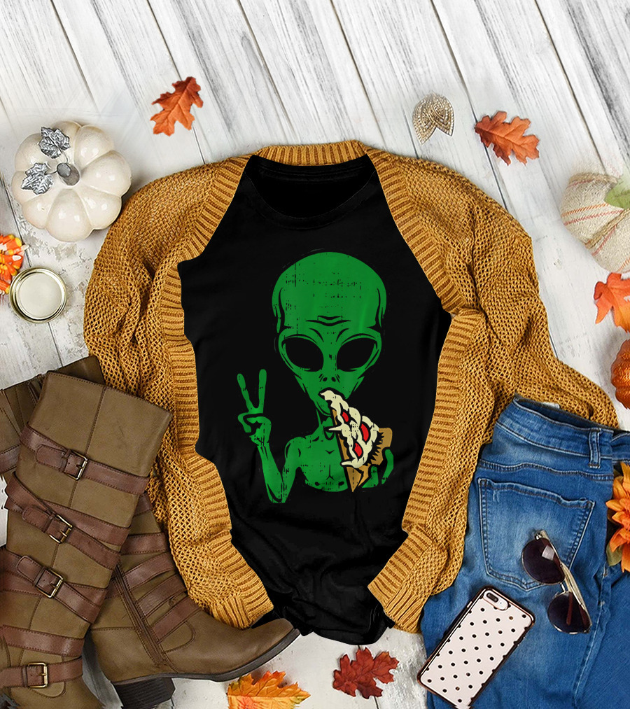 Alien Pizza Eating Peace Funny Space Are T-Shirt