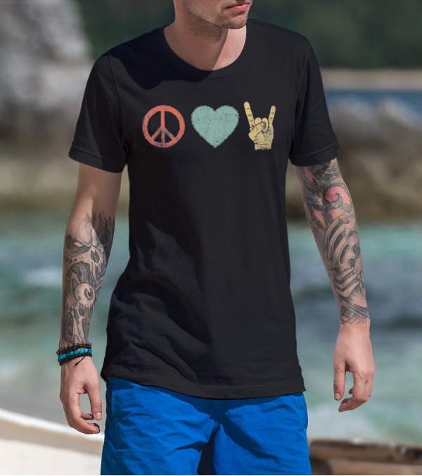 Peace Love Rock Gesture Retro Vintage Rock And Roll T-Shirt