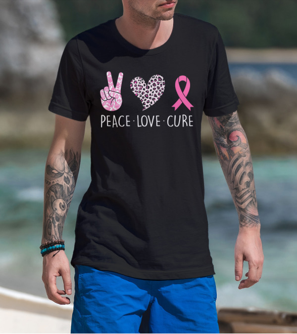 Peace Love Cure Pink Ribbon Heart Breast Cancer Awareness T-Shirt