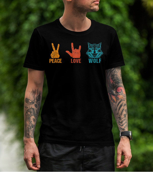 Peace Love Wolf Hand Signs Vintage Wolf Head T-Shirt