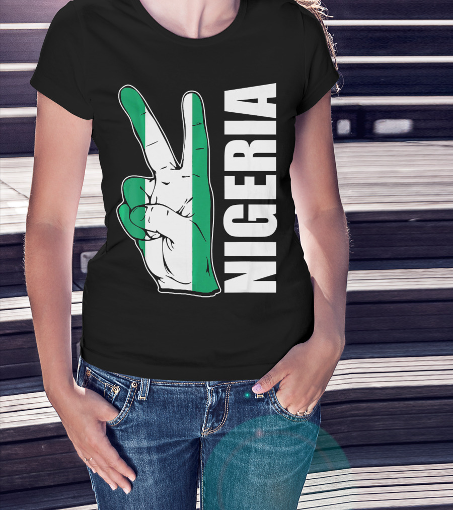 Nigerian Pride Peace Gesture With Nigeria Flag Colors And Nigeria Text T-Shirt