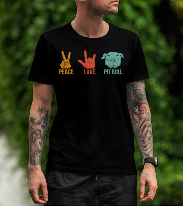 Peace Love Pit Bull Vintage Hand Signs Dog T-Shirt
