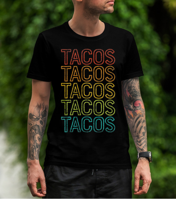 Retro Tacos Vintage Multi-Color Text T-Shirt