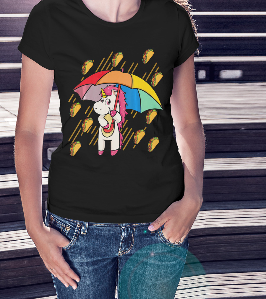 Raining Tacos Unicorn With Rainbow Umbrella T-Shirt