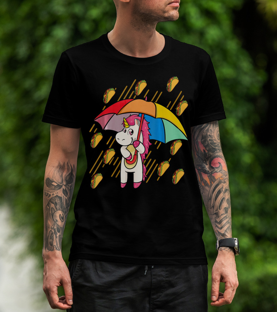 Raining Tacos Unicorn With Rainbow Umbrella T-Shirt