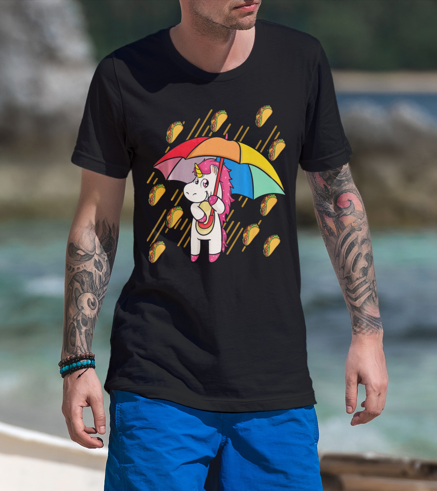 Raining Tacos Unicorn With Rainbow Umbrella T-Shirt