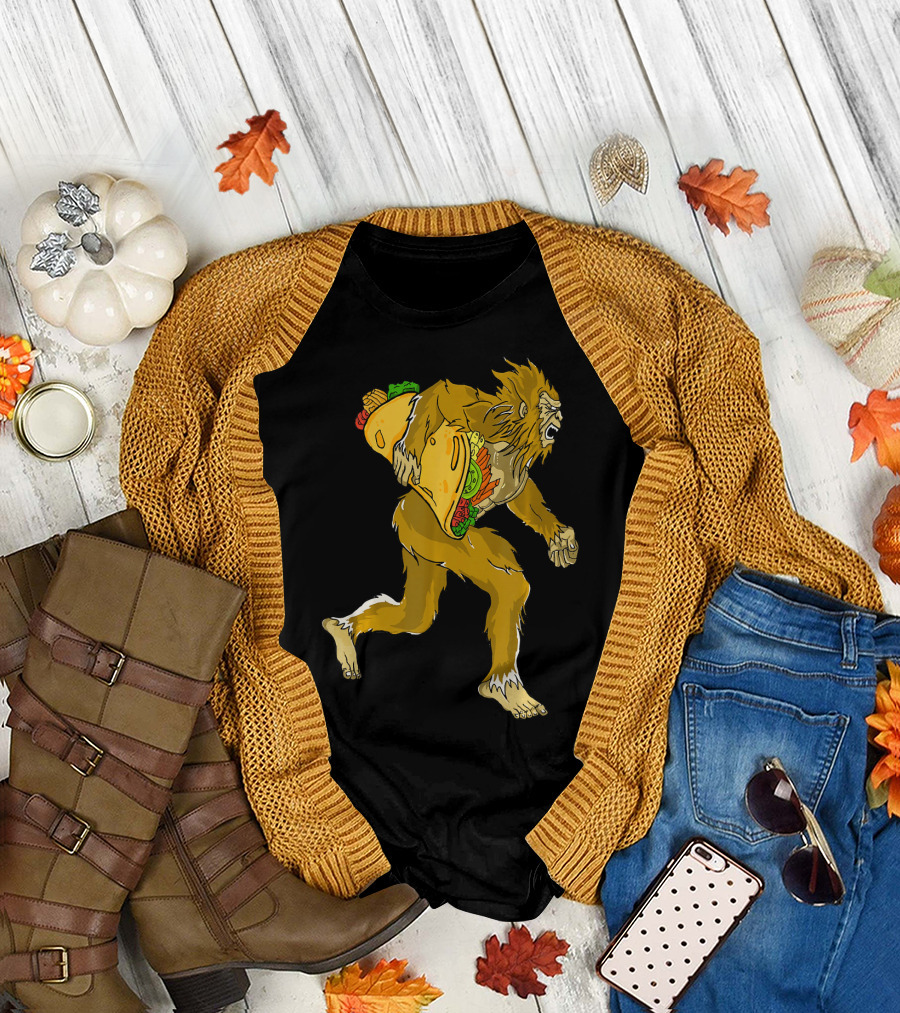 Bigfoot Running with Giant Taco in Hand for Exercise Scene T-Shirt