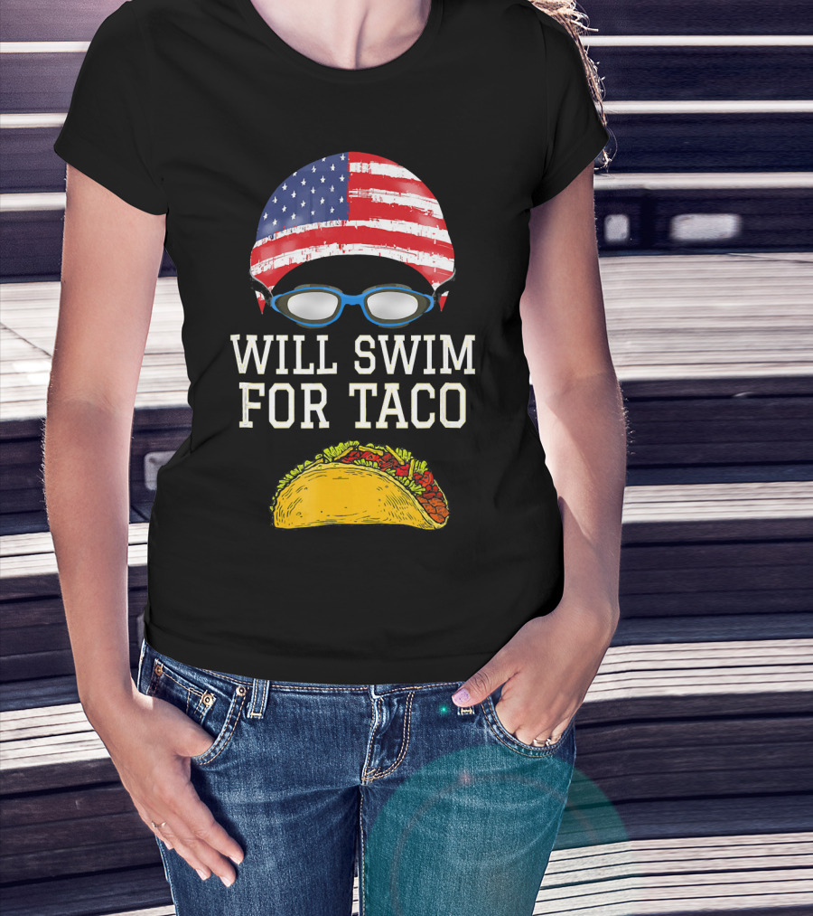 Will Swim For Taco Funny Swimming Goggles American Flag Cap T-Shirt