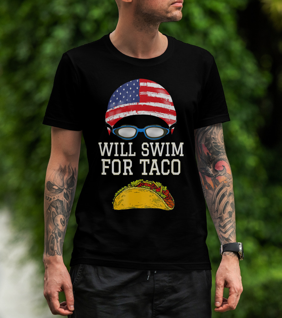 Will Swim For Taco Funny Swimming Goggles American Flag Cap T-Shirt