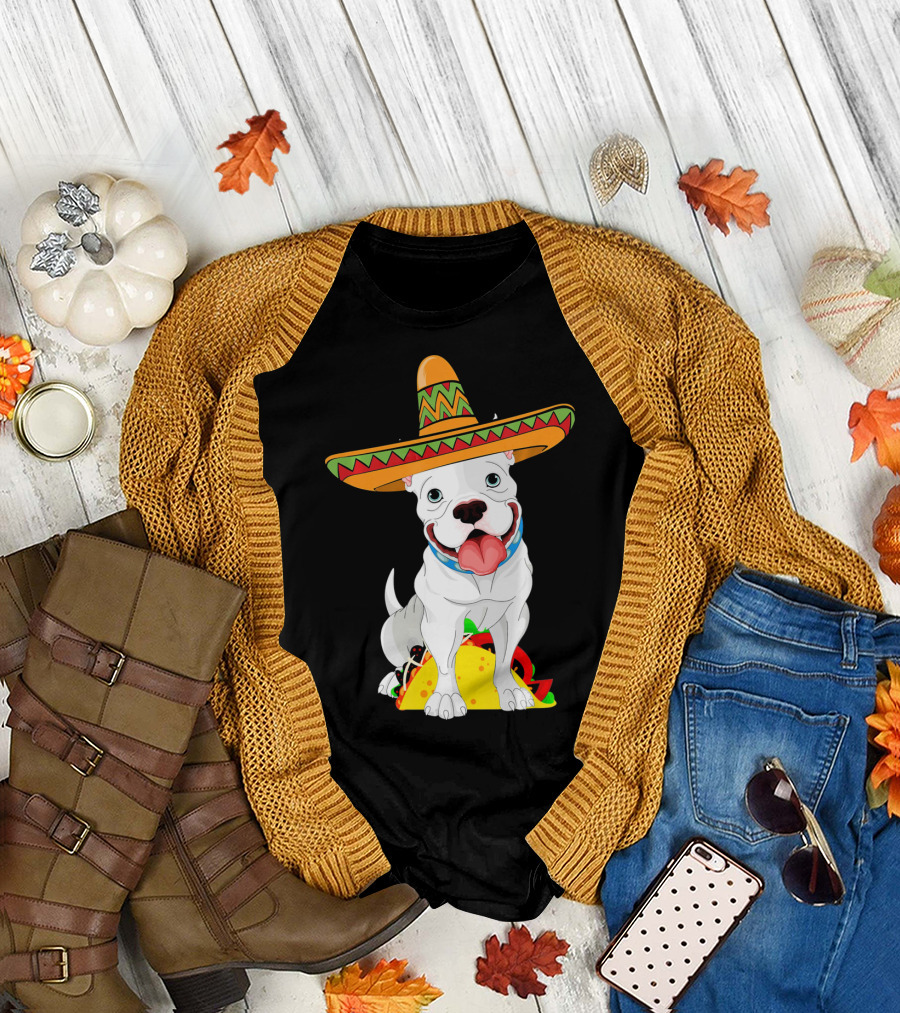 Cinco De Mayo Pitbull with Sombrero and Tacos T-Shirt