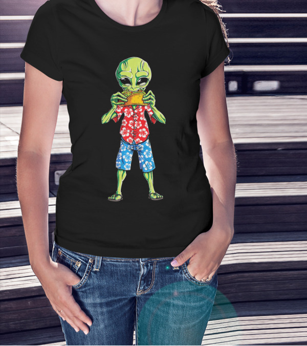 Alien Eating Taco In Hawaiian Shirt 70s California Retro T-Shirt