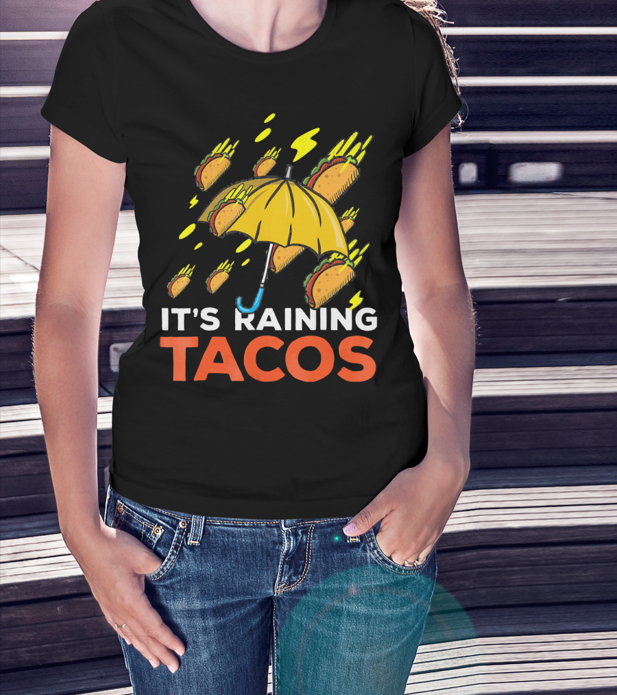 It's Raining Tacos Fun With Yellow Umbrella And Flying Tacos T-Shirt