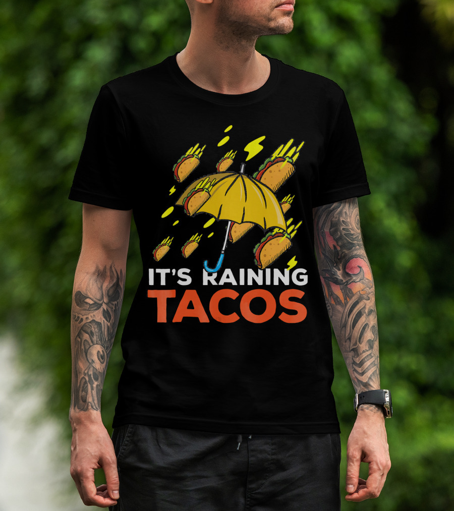 It's Raining Tacos Fun With Yellow Umbrella And Flying Tacos T-Shirt