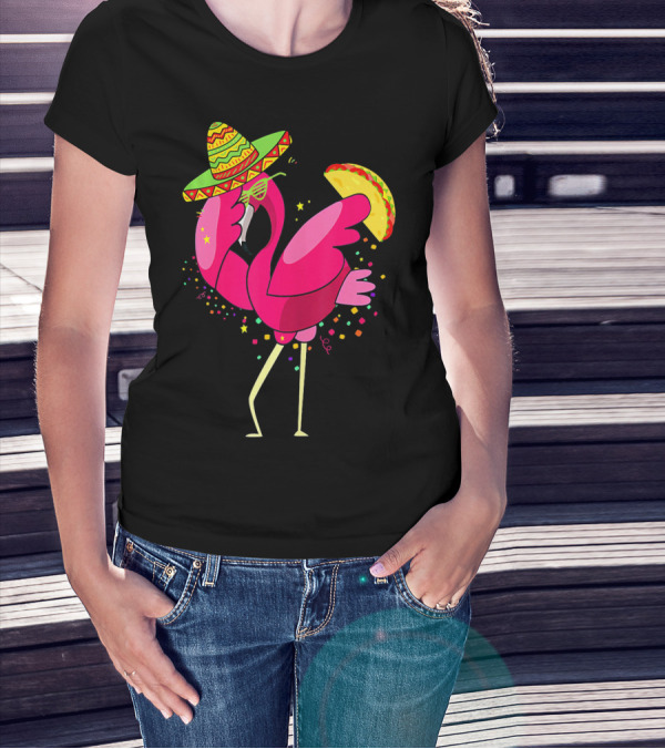 Funny Flamingo Dabbing With Taco Sombrero Cinco De Mayo T-Shirt