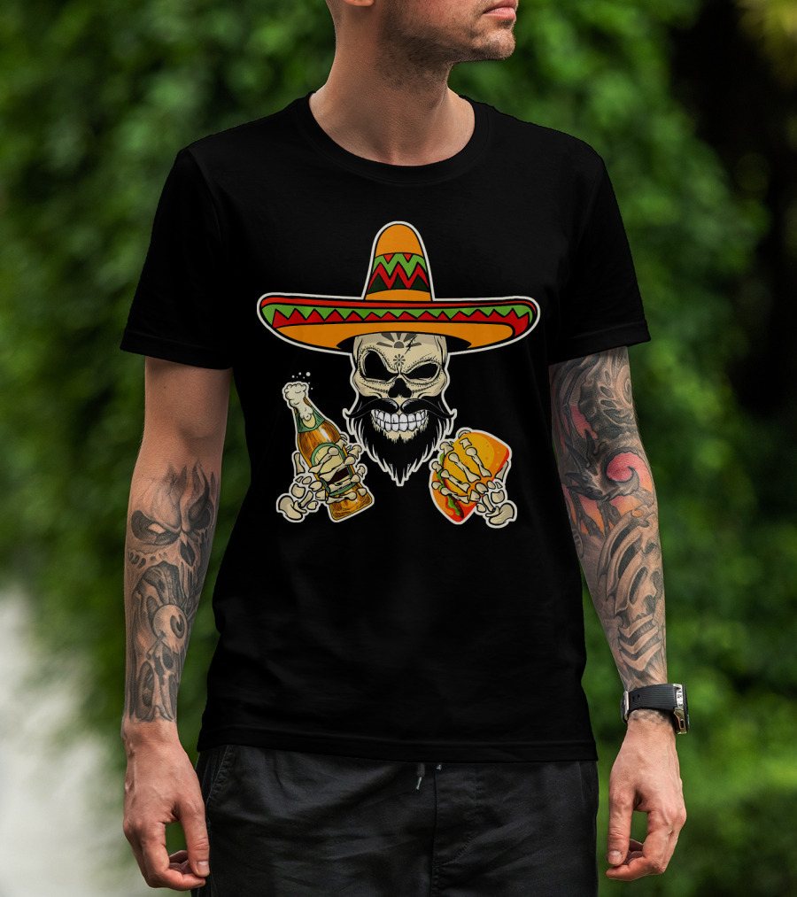 Sombrero-Wearing Sugar Skull With Beer And Tacos T-Shirt