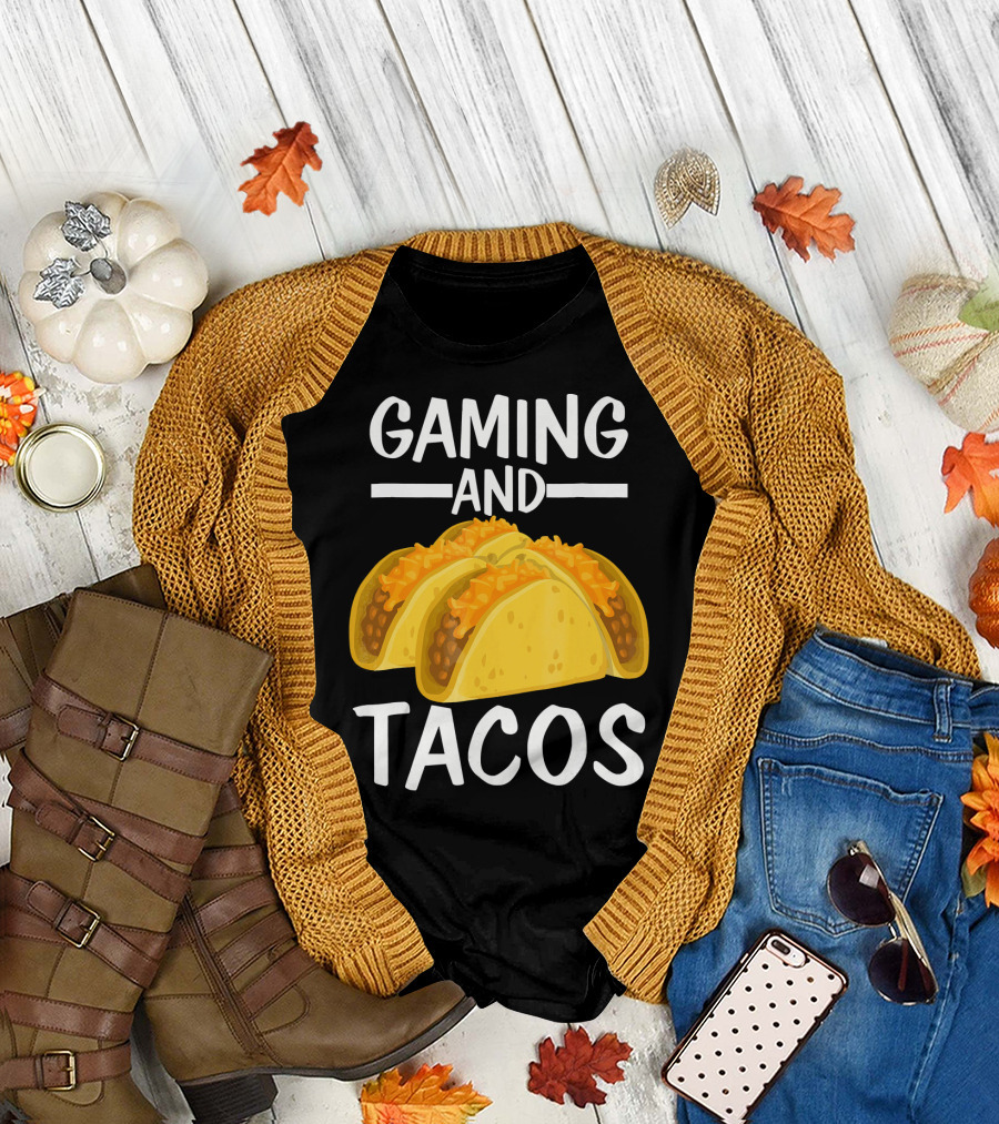 Gaming And Tacos Funny Gamer Tac Taco Cheeseburger Text T-Shirt
