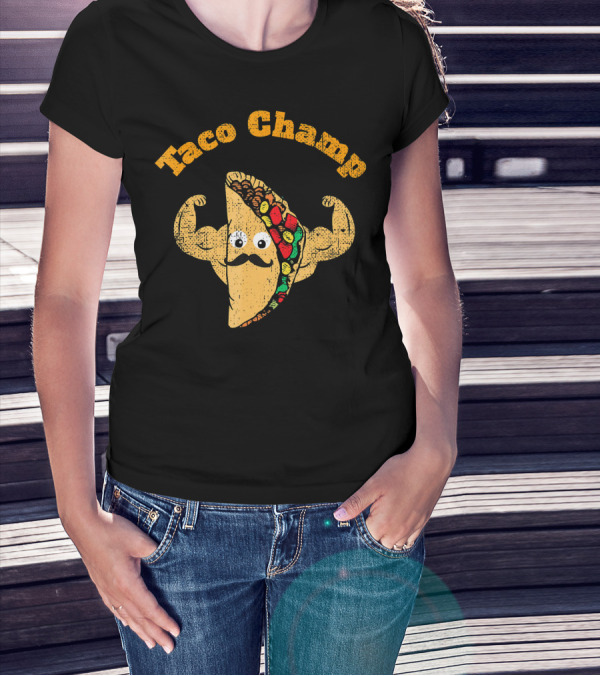 Taco Champ Flexing Strong Mustache Taco Emoji T-Shirt