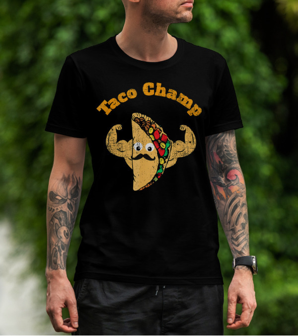 Taco Champ Flexing Strong Mustache Taco Emoji T-Shirt
