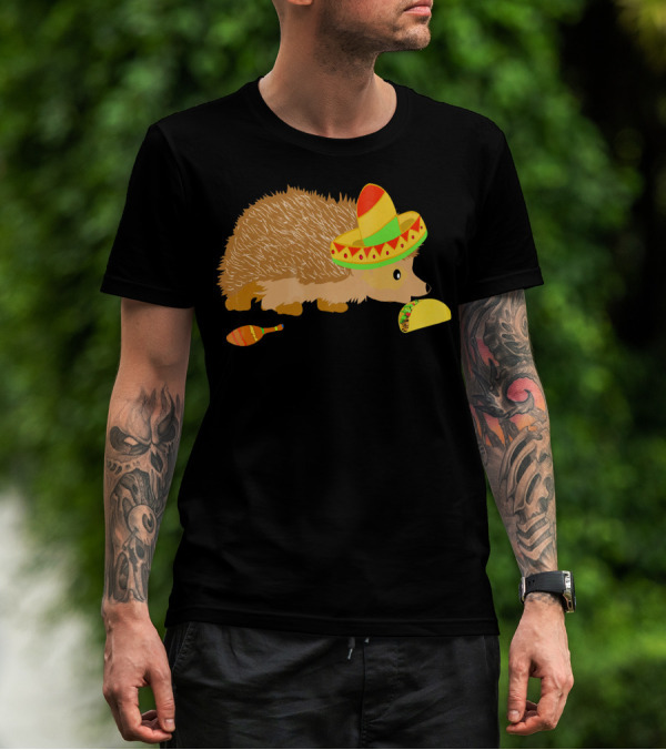 Hedgehog Wearing Sombrero With Maracas And Tacos T-Shirt
