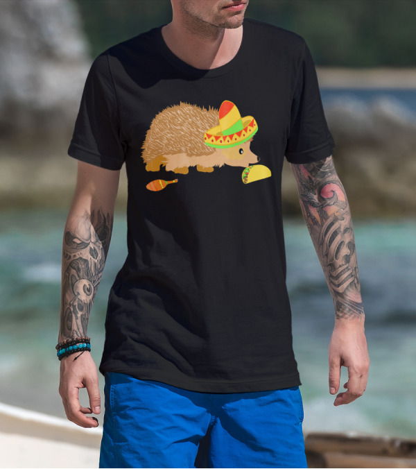 Hedgehog Wearing Sombrero With Maracas And Tacos T-Shirt
