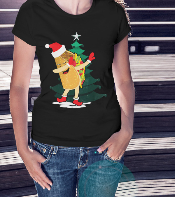Dabbing Taco Christmas Santa Hat And Tree T-Shirt