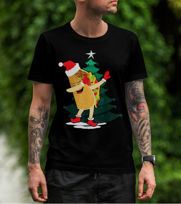 Dabbing Taco Christmas Santa Hat And Tree T-Shirt