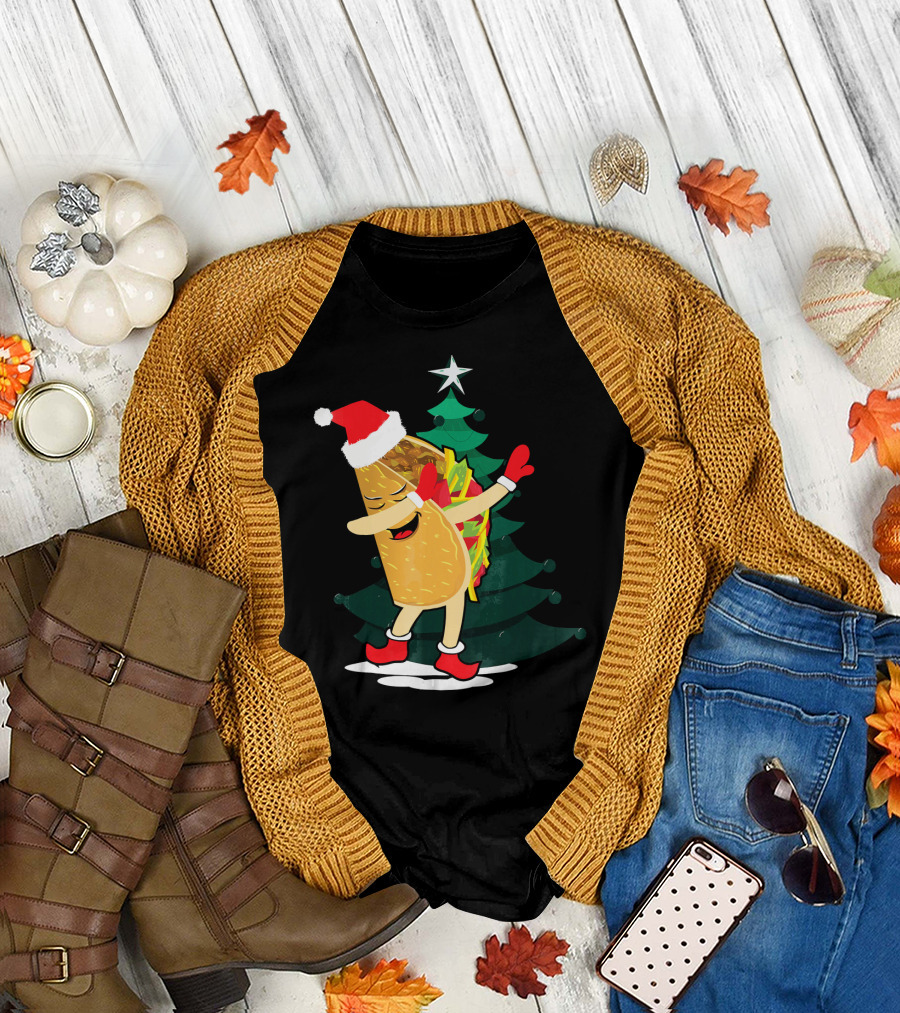 Dabbing Taco Christmas Santa Hat and Tree T-Shirt