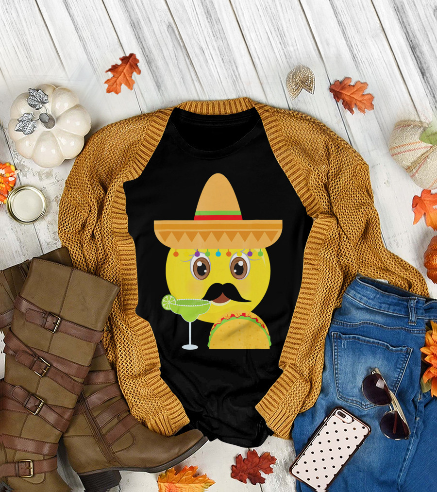 Funny Mexican Emoticon Sombrero Mustache Margarita Taco T-Shirt