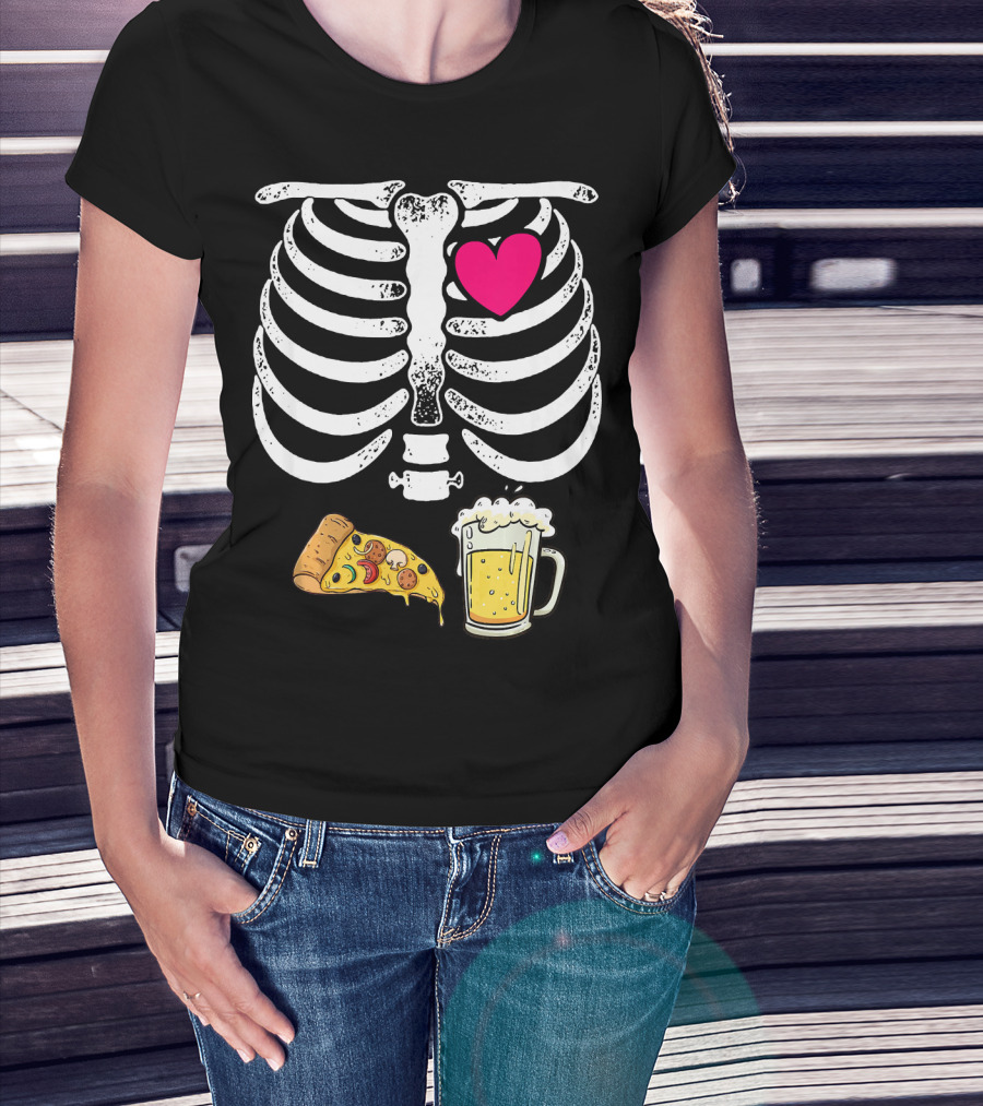 Skeleton Heart Pizza And Beer Xray T-Shirt