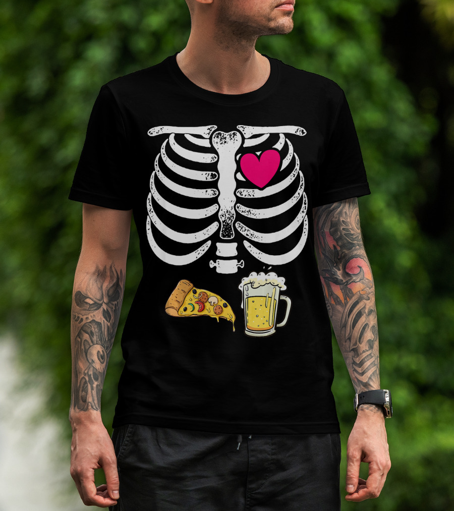 Skeleton Heart Pizza And Beer Xray T-Shirt