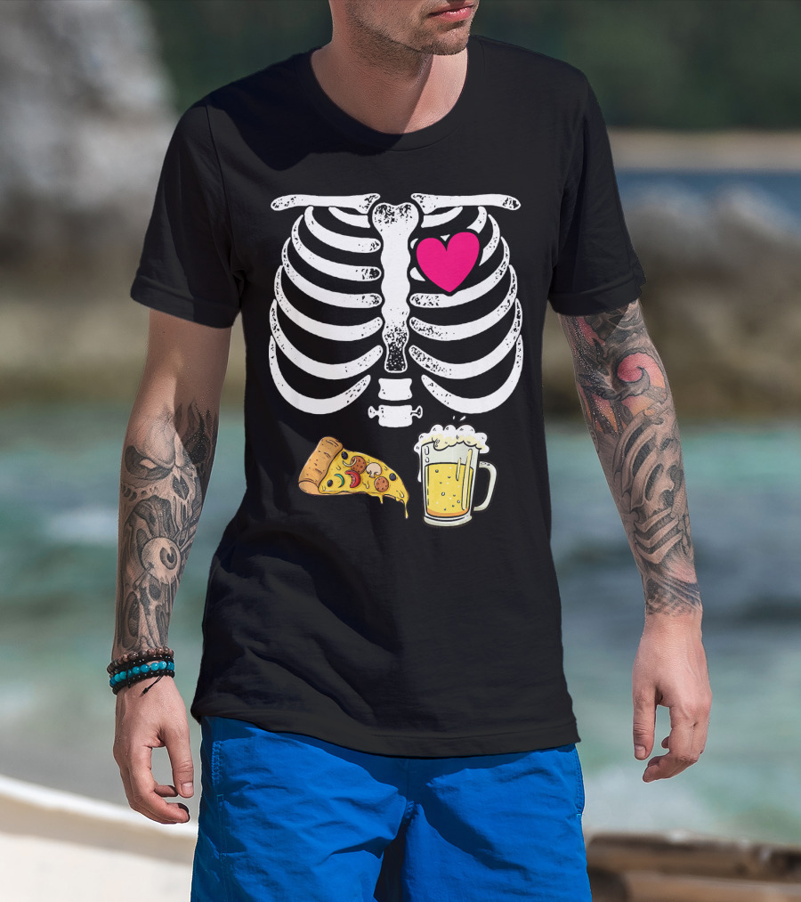 Skeleton Heart Pizza And Beer Xray T-Shirt