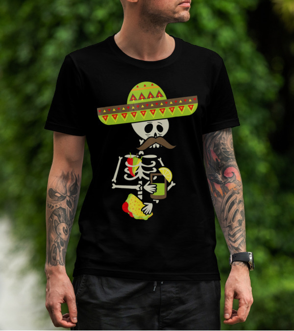 Mexican Skeleton Sombrero Holding Tequila Chili Tacos T-Shirt