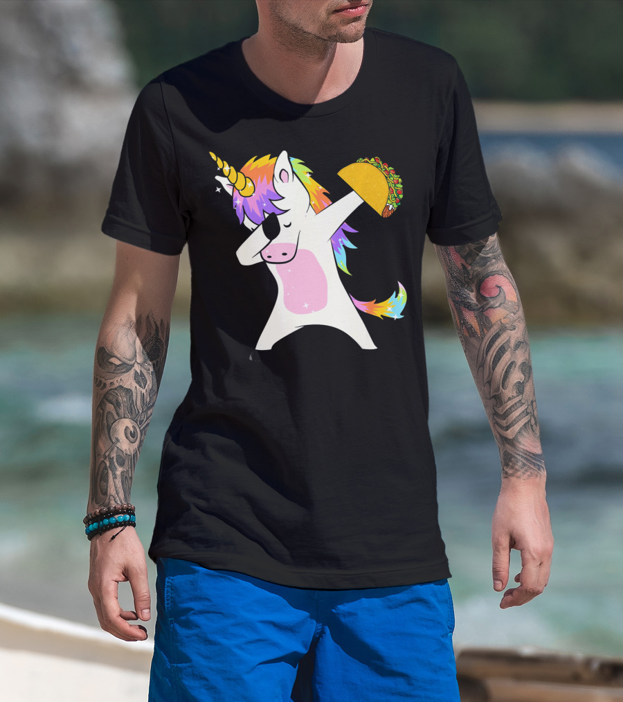 Dabbing Rainbow Unicorn Holding Taco Funny Cinco T-Shirt