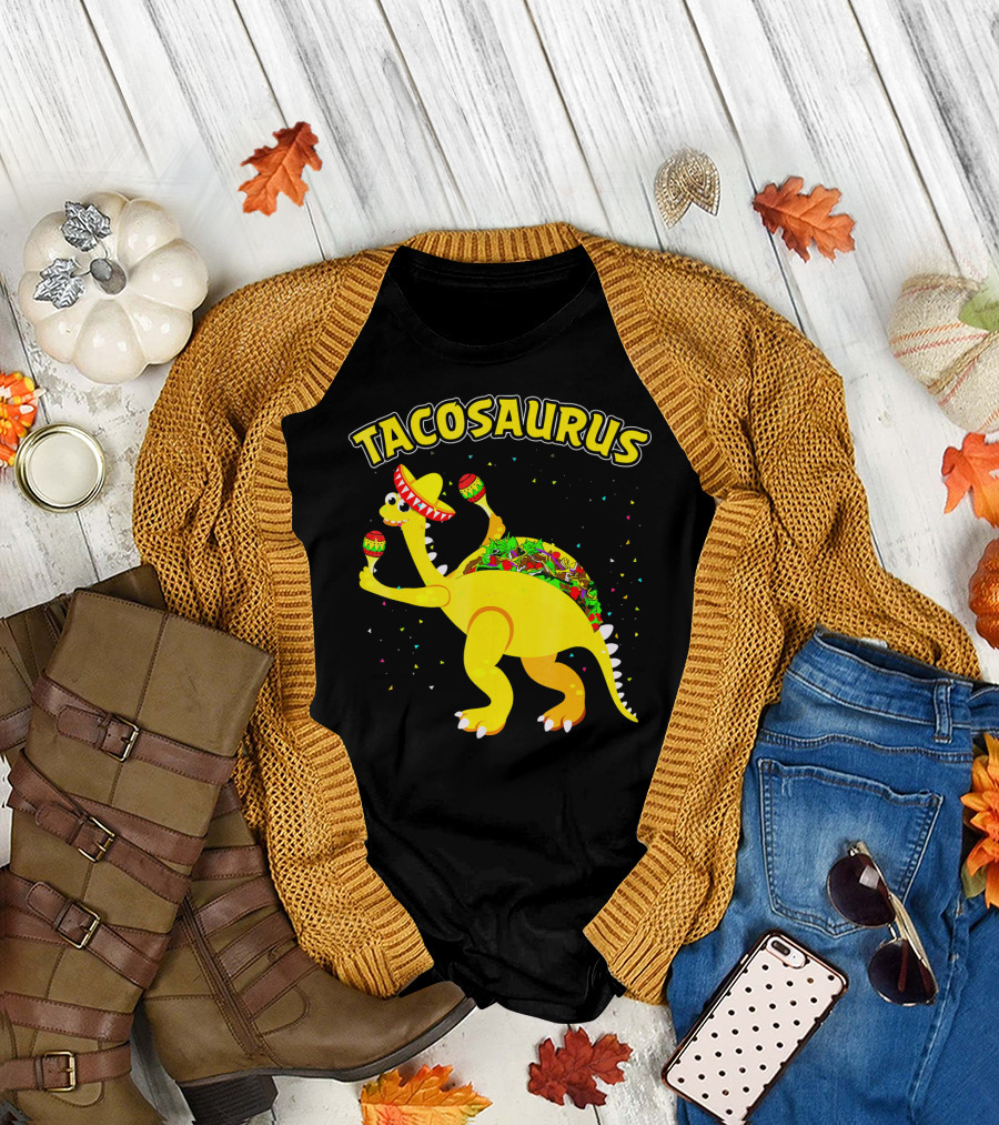 Tacosaurus Dinosaur Celebrating with Maracas and Sombrero T-Shirt